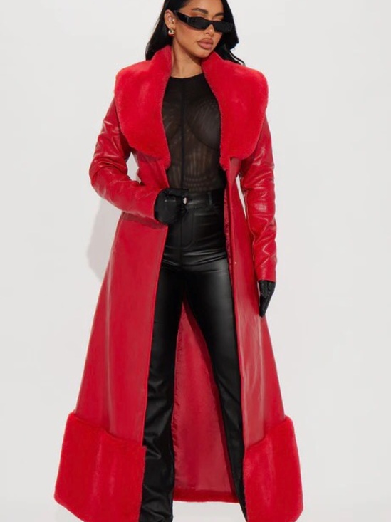 Fashion Nova Jackets & Blazers - Fashion Nova Red Faux Fur Trim Long Coat - Women